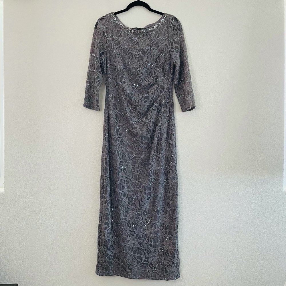 Jessica Howard Womens Grey Long Wedding Mother Formal Sequin Lace Dress  Size: 1 - Picture 3 of 9